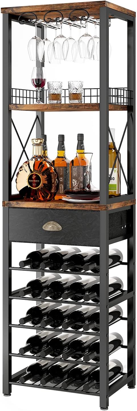 Homeiju Wine Rack Freestanding Floor, Bar Cabinet for Liquor and Glasses | 4-Tier bar Cabinet with Tabletop, Glass Holder, Storage Drawer and Wine Storage for Living Room (Patent No.D29872845)