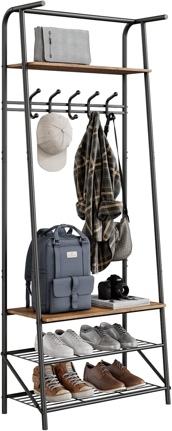 Coat Rack Shoe Bench with 5 Hooks, Entryway Hall Trees with Storage, Multifunctional Hallway Organizer, Wood Look Accent Furniture with Metal Frame, 4-in-1 Hall Trees Shoe Bench (1 Row-5 Hooks)