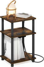 Furinno Just 3-Tier Side Table with Charging Station, Easy Assembly Rustic Brown End Table, Night Stand, Bedside Table with USB and Type-C Charging Port, for Living Room, Bedroom, Amber Oak