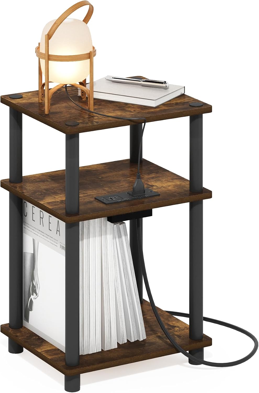 Furinno Just 3-Tier Side Table with Charging Station, Easy Assembly Rustic Brown End Table, Night Stand, Bedside Table with USB and Type-C Charging Port, for Living Room, Bedroom, Amber Oak
