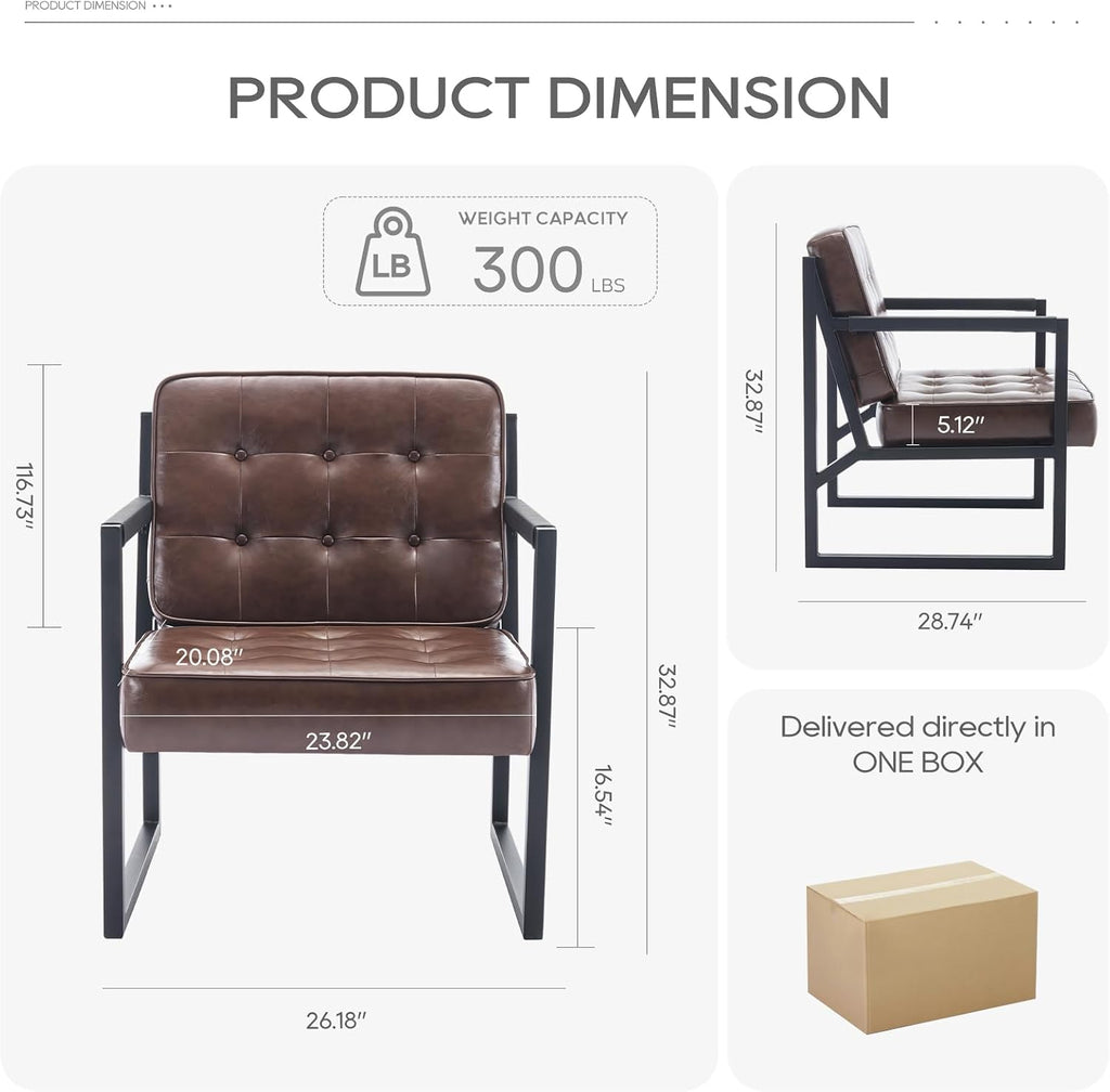 COLAMY Mid Century Modern Accent Chair, Comfy Living Room Chairs, Brown Leather Accent Chair, Faux Leather Reception Armchair with Metal Legs for Living Room Bedroom Reception Waiting Room, Brown