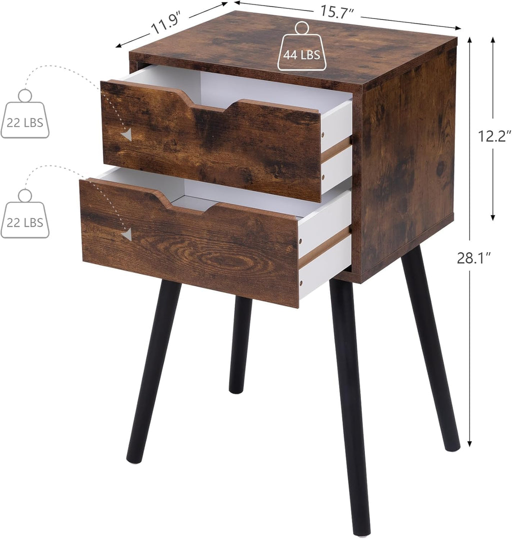 JAXPETY End Tables Set of 2, Night Stand with Drawers, Bedside Tables with Solid Wood Legs and Large Storage Space, Side Table for Living Room/Bedroom(Brown)