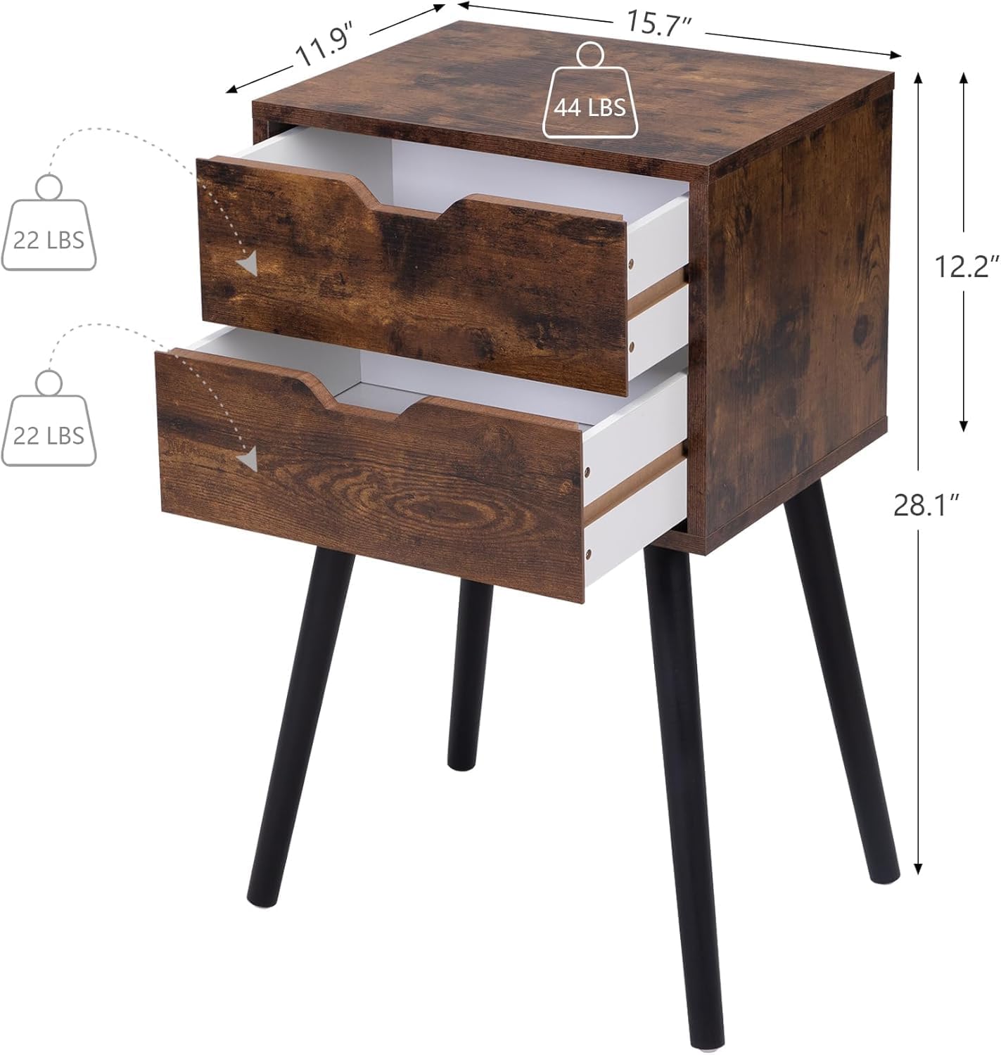 JAXPETY End Tables Set of 2, Night Stand with Drawers, Bedside Tables with Solid Wood Legs and Large Storage Space, Side Table for Living Room/Bedroom(Brown)