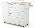 HOMREST 52" Mobil Kitchen Island Cart with Drop Leaf, Kitchen Cart Rolling Mobile Island with Wooden Countertop, Spice Rack, Adjustable Shelves and Drawers, Island Table for Kitchen, White