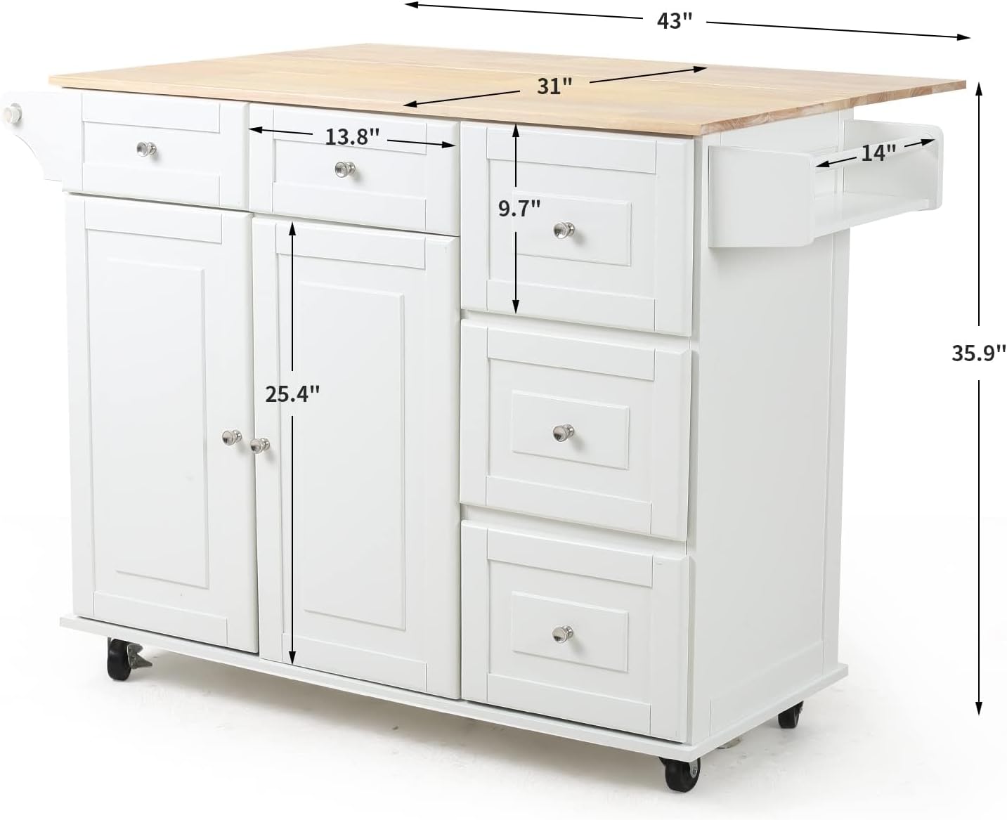 HOMREST 52" Mobil Kitchen Island Cart with Storage, Rolling Island with Drop Leaf and Rubberwood Countertop, Spice Rack, Adjustable Shelves and 5 Drawers, Island Table for Kitchen, White