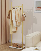 Coat Rack Freestanding, Clothes Rail, 19.7x11.8x68.9 In, Gold | Modern Garment Rack with 2 Hooks and Heavy Rock Slab Base, Industrial Metal Clothing Hanger Stand for Entryway, Living Room