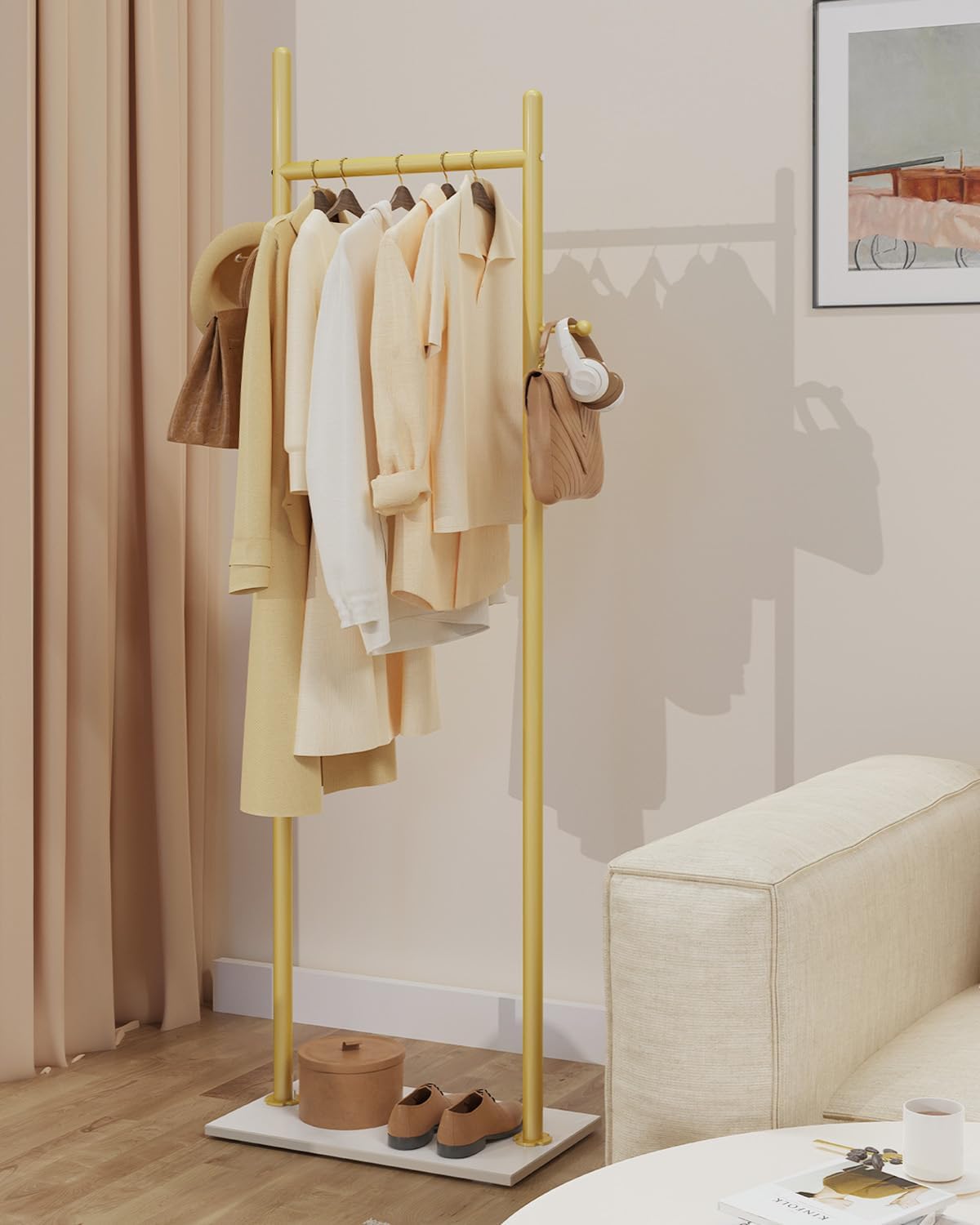Coat Rack Freestanding, Clothes Rail, 19.7x11.8x68.9 In, Gold | Modern Garment Rack with 2 Hooks and Heavy Rock Slab Base, Industrial Metal Clothing Hanger Stand for Entryway, Living Room