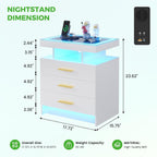 HNEBC LED Nightstand with 3 Color Motion Sensor Lights for Bedroom,White | Smart Bedside Table with USB-C Charging Station,3 Drawers,Tempered Glass Top,High Gloss Night Stand for Living Room,Office