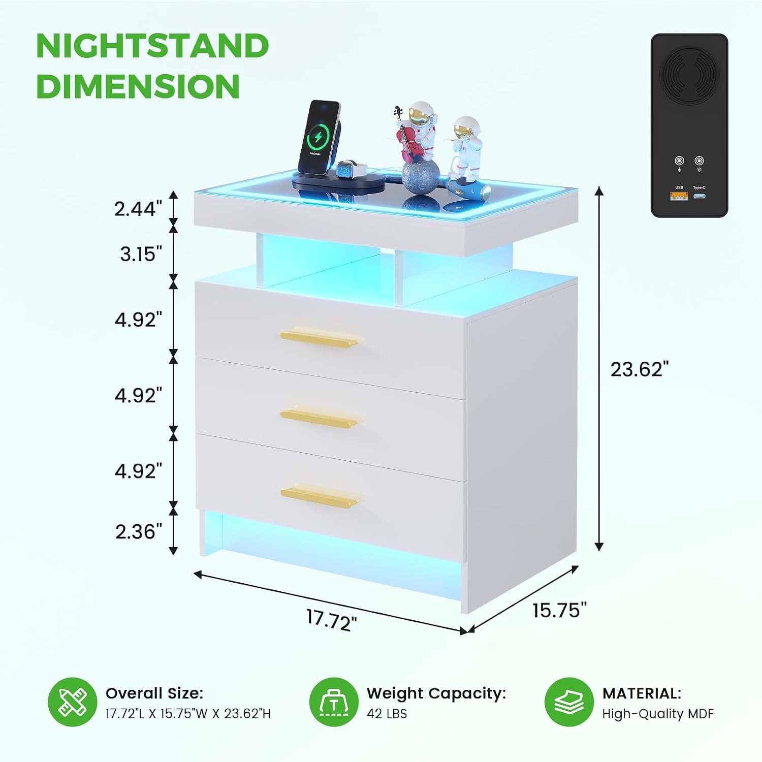 HNEBC LED Nightstand with 3 Color Motion Sensor Lights for Bedroom,White | Smart Bedside Table with USB-C Charging Station,3 Drawers,Tempered Glass Top,High Gloss Night Stand for Living Room,Office