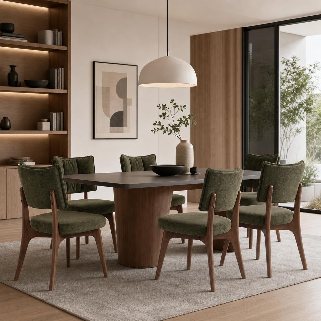 YOUNIKE Wood Frame Green Dining Chair, Chenille Fabric, Single Pack | Modern Ergonomic Upholstered Kitchen & Dining Room Chairs, Double-Layer Backrest, Comfy Soft Cushion, Easy to Assembly