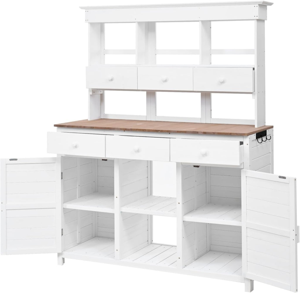 65.7" H Tall Garden Potting Bench with Hutch, 3 Shelves, 6 Drawers, 2 Cabinets, Side Hooks