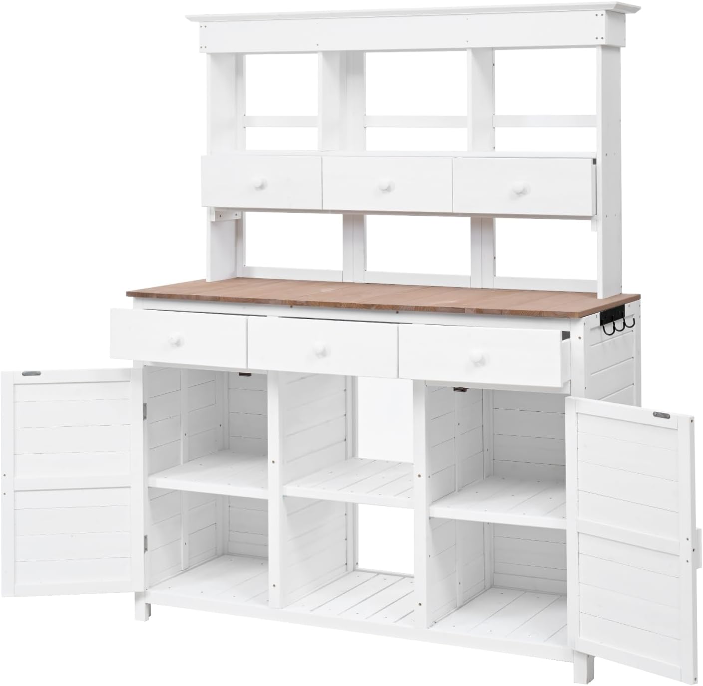 65.7" H Tall Garden Potting Bench with Hutch, 3 Shelves, 6 Drawers, 2 Cabinets, Side Hooks