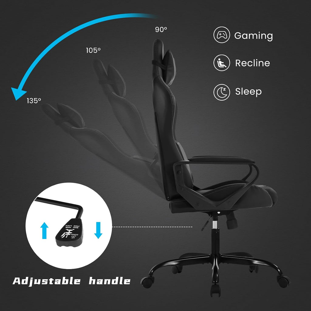 Grey Gaming Chair | Ergonomic High Back Desk Chair Racing Style with Lumbar Support, Headrest & Arms - Heavy Duty Swivel Computer Chair for Office