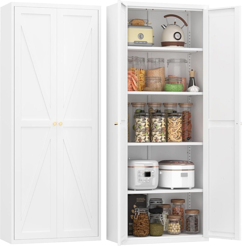 Pantry Storage Cabinet, Metal Pantry Cabinet with Adjustable Shelves,Cupboard,Tall Storage Cabinets for Kitchen, Living Room, Dining Room and Office, White