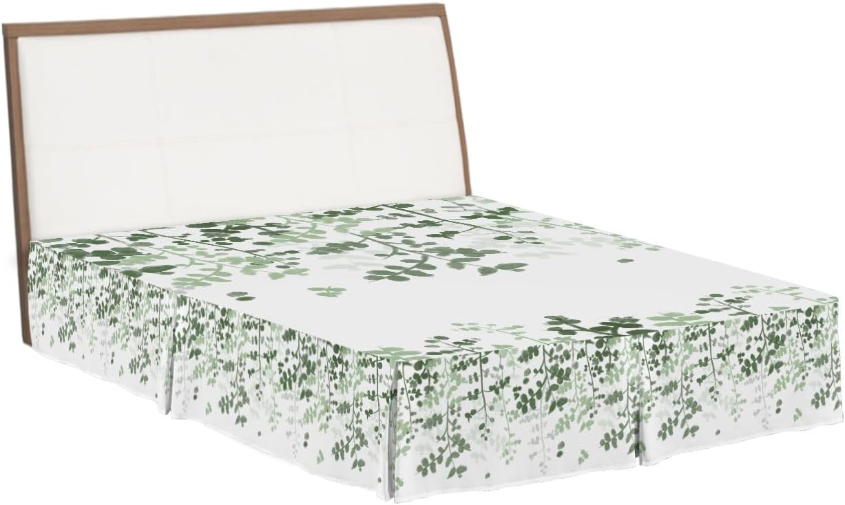 Bed Skirts Queen Size 18 Inch Tailored Drop Sage Green Leaves Wrap Around Bed Skirt with Split Corners Hotel Quality Bedskirt Farmhouses Leaf Branches Dust Ruffle for Queen Bed Skirt Bedroom Decor