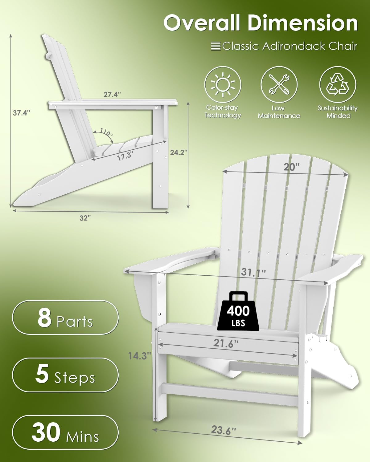 GREENVINES Adirondack Chairs Set of 2 | HDPE Plastic | Oversized Fire Pit Chair | All Weather | Poly Lumber | White | for Outdoor Deck Backyard Patio Garden