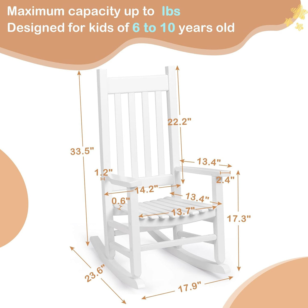 Outvita Wood Children's Rocking Chair, Perfect for Indoor or Outdoor All-Weather Wooden Porch Rocker for Garden, Yard, and Balcony, Patio Rocking Chair Suitable for Kids Ages 6-10(White)