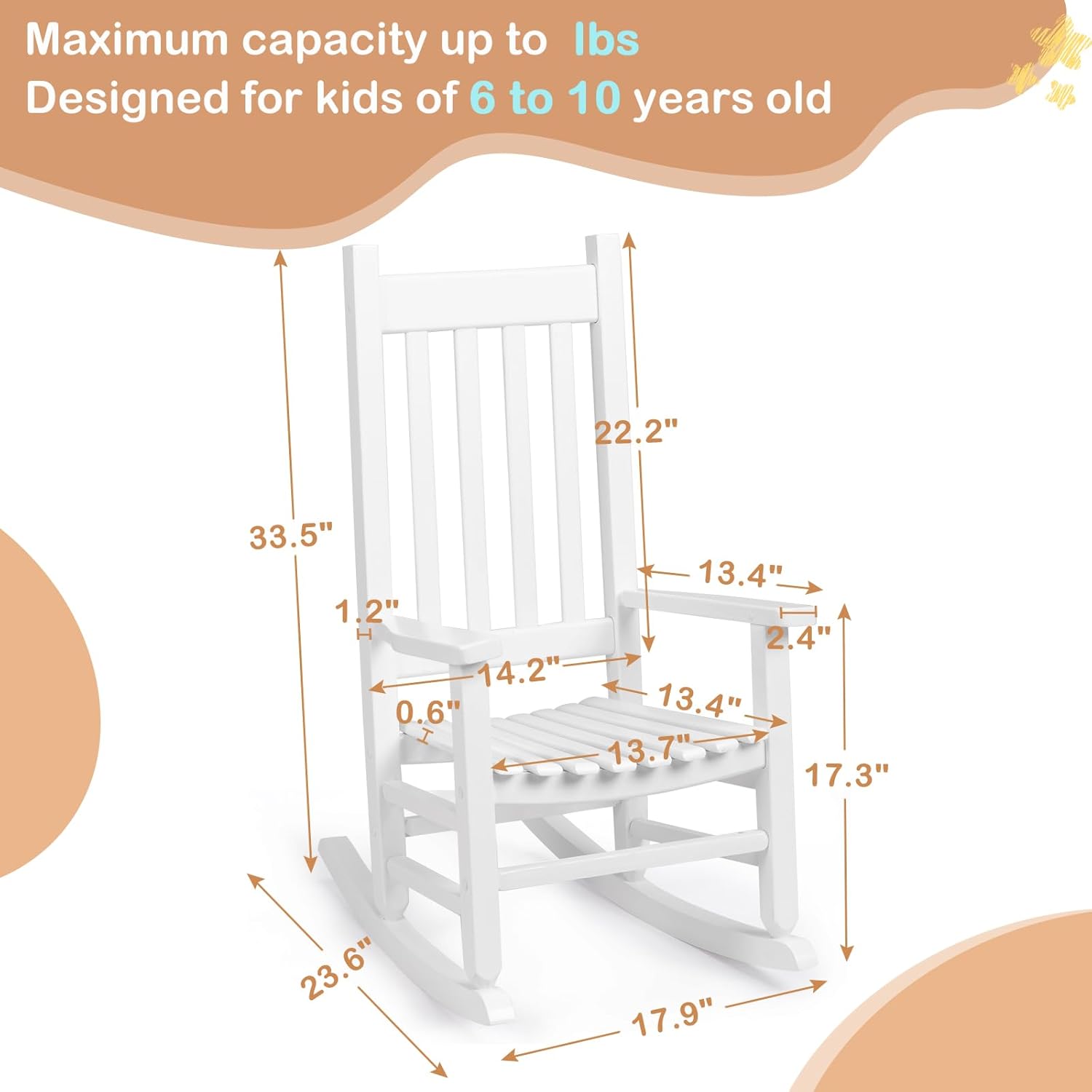 Outvita Wood Children's Rocking Chair, Perfect for Indoor or Outdoor All-Weather Wooden Porch Rocker for Garden, Yard, and Balcony, Patio Rocking Chair Suitable for Kids Ages 6-10(White)