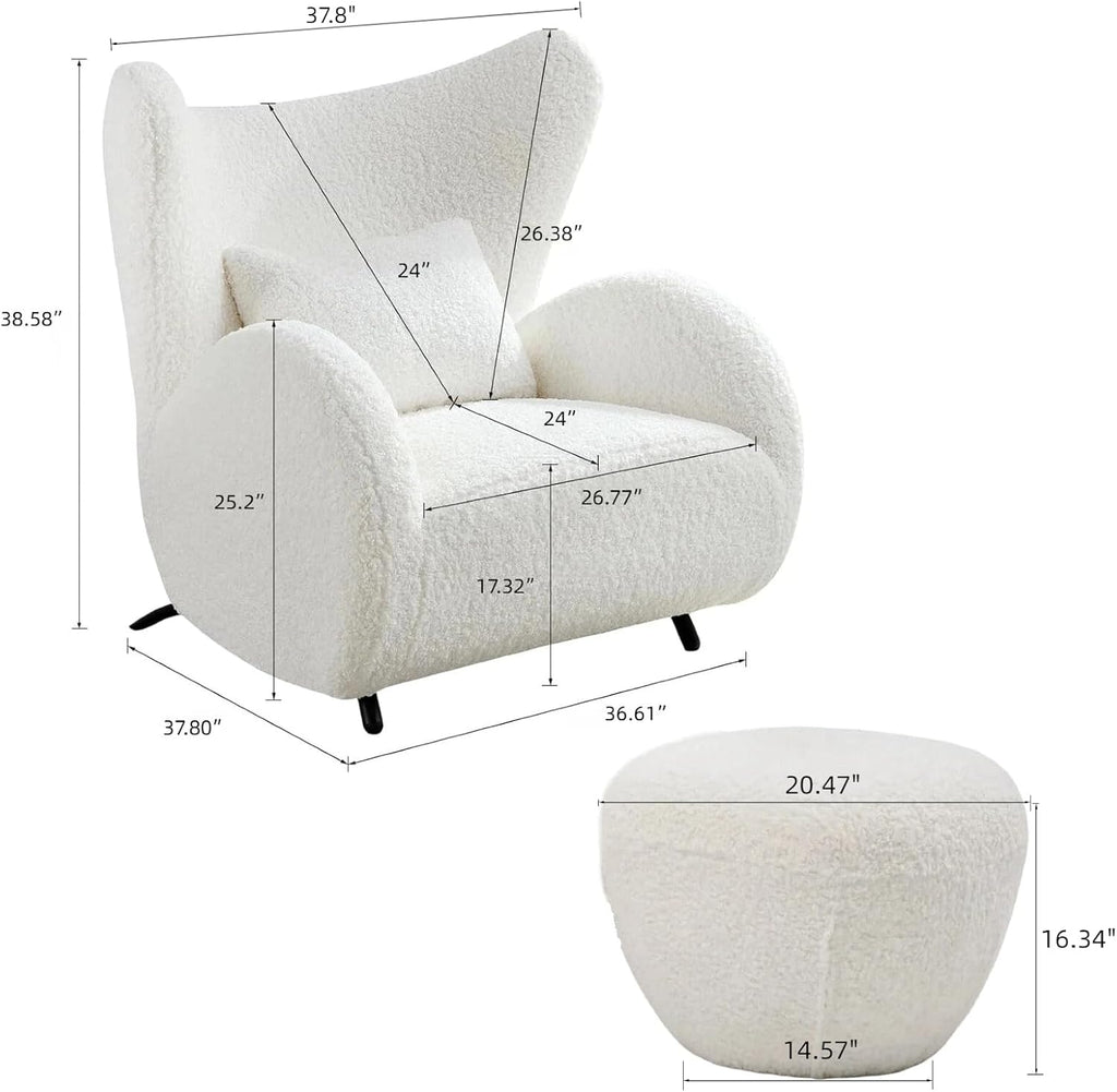 Oversized Modern Boucle Accent Chair with Ottomans, Furry Sherpa Elegant Single Sofa, Wingback Chair Living Room Chairs Comfy Upholstered Armchair for Bedroom Office Apartment Balcony,Cream White