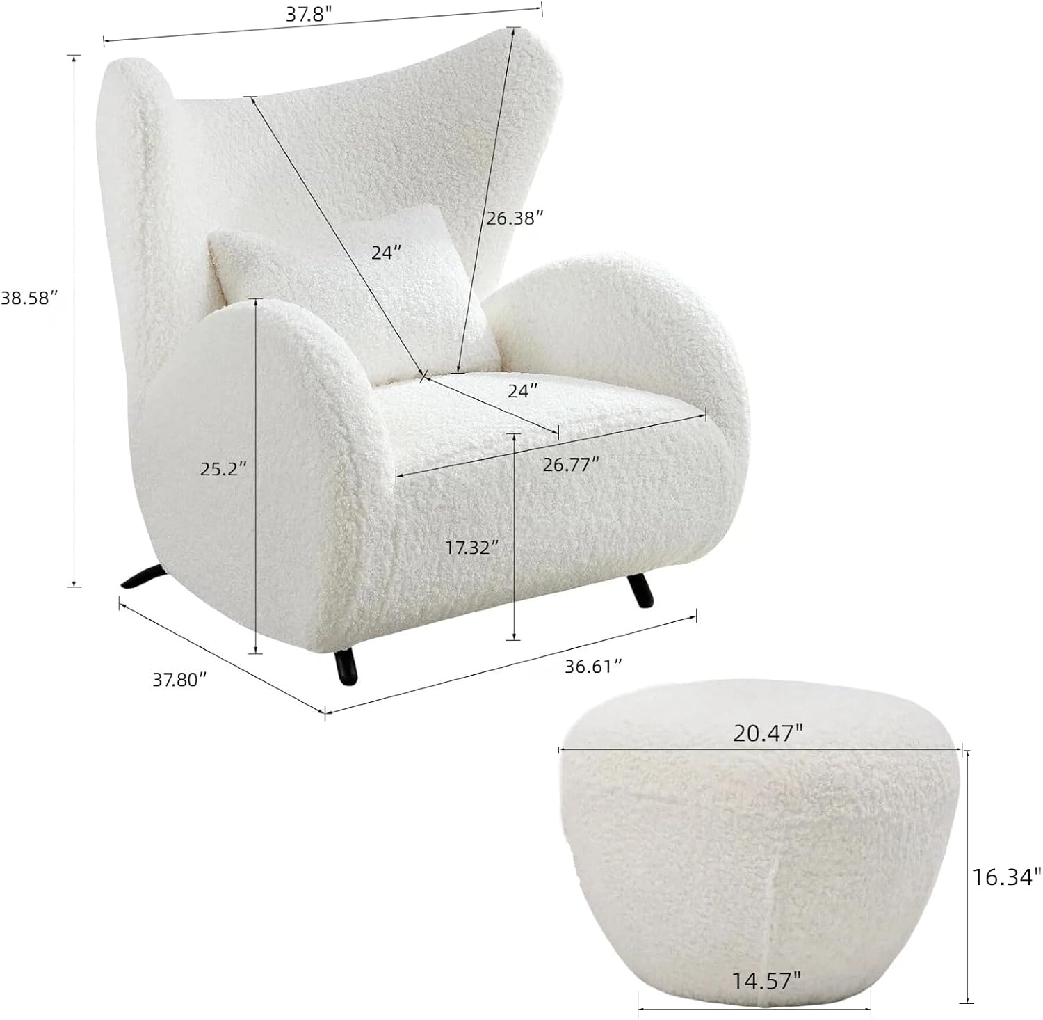 Oversized Modern Boucle Accent Chair with Ottomans, Furry Sherpa Elegant Single Sofa, Wingback Chair Living Room Chairs Comfy Upholstered Armchair for Bedroom Office Apartment Balcony,Cream White