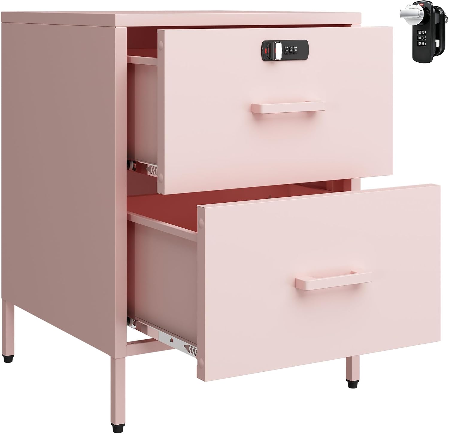 Steehoom 2 Drawer End Side Table with Lock Metal Nightstand, Lockable Storage Cabinet Kids Cabinet for Living Room, Bedroom, Dorm, 21.26”H X 15.75”W X 15.75”D (2 Drawer, Pink)