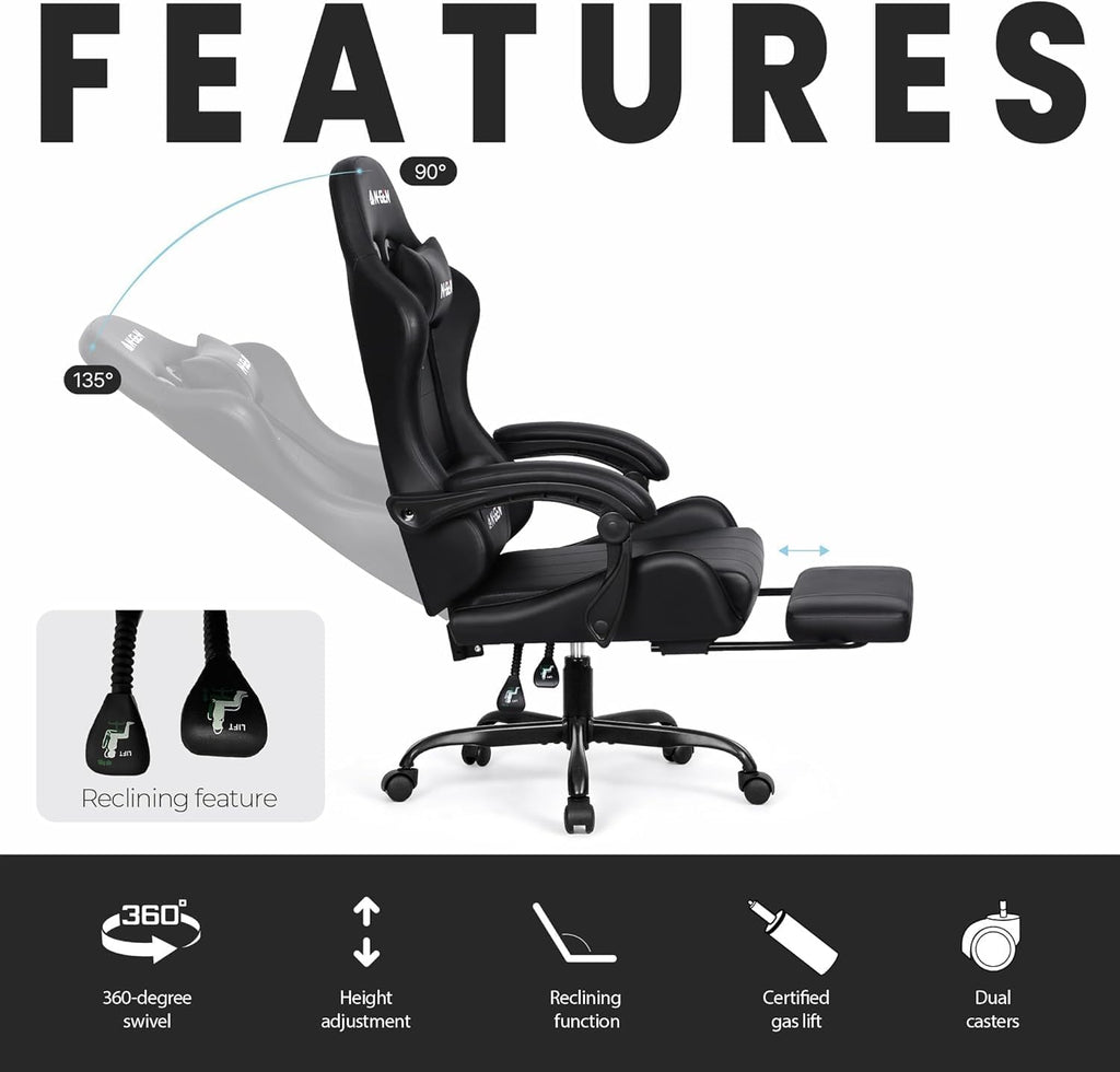 N-GEN GAMING Video Gaming Chair with Footrest Lumbar Support for Home Office High Back Recliner Height Adjustable Ergonomic Comfy Leather Computer Desk Chair (Carbon Black)