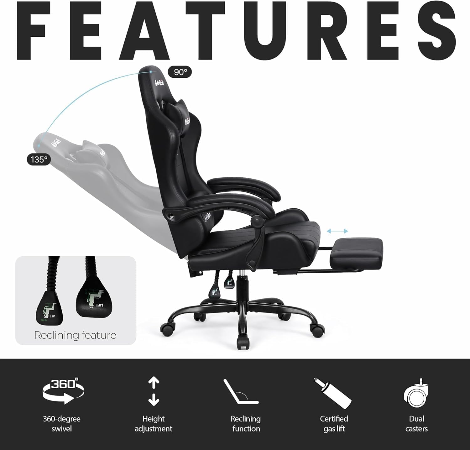 N-GEN GAMING Video Gaming Chair with Footrest Lumbar Support for Home Office High Back Recliner Height Adjustable Ergonomic Comfy Leather Computer Desk Chair (Carbon Black)