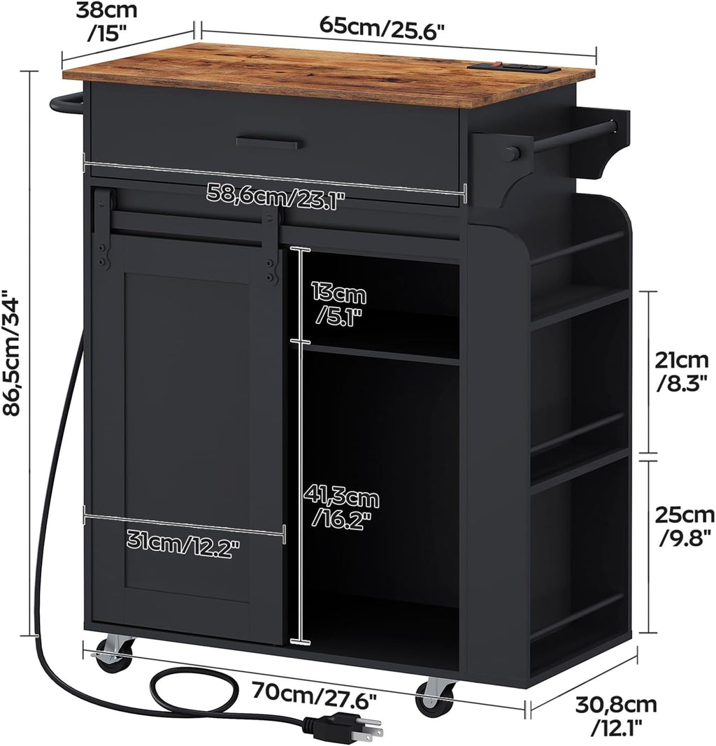YATINEY Kitchen Island with Storage, Mobile Kitchen Cart with Charging Station, Kitchen Island on Wheels, Rolling Island Table with Sliding Cabinet Door, Black and Rustic Brown ZD01UBR