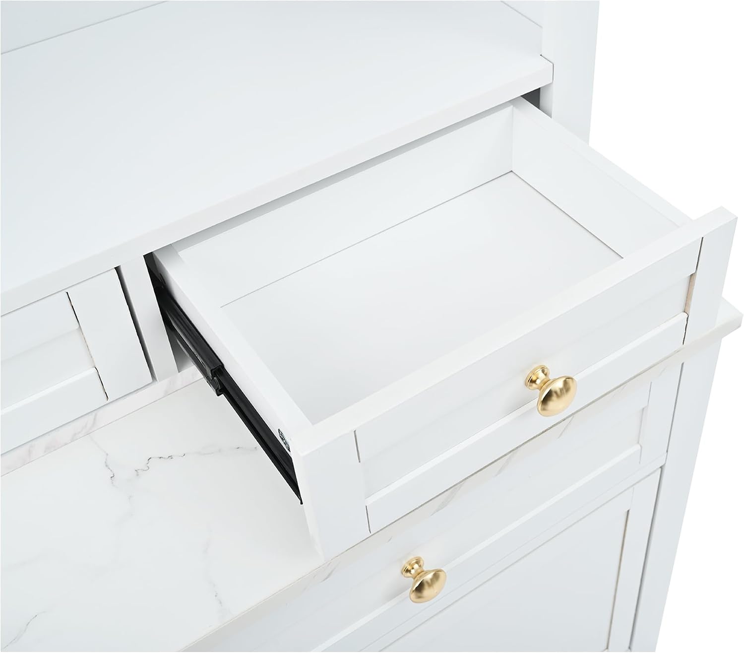 Modern 83.7inch High Kitchen Pantry, Freestanding Tall Kitchen Hutch with Faux Marble Top, Display Cupboard Cabinet with 5 Storage Drawers and Adjustable Shelf (White-073)