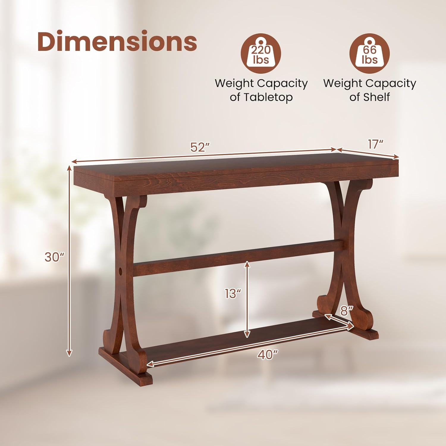 Giantex 52" Narrow Console Table, Vintage Accent Entryway Table with Open Storage Shelf, Long Wooden Behind Couch Sofa Table with Anti-tip Kit for Small Spaces Living Room Hallway (Walnut)