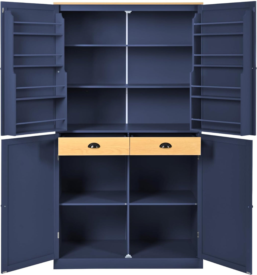 Merax 4 Doors Kitchen Pantry Storage Cabinet with 2 Drawers, 71.3" H Tall Pantry Blue Cupboard Kitchen Hutch with 2 Adjustable Shelves, Floor Spice Cabinet with 8 Door Shelves for Dining Room, Blue