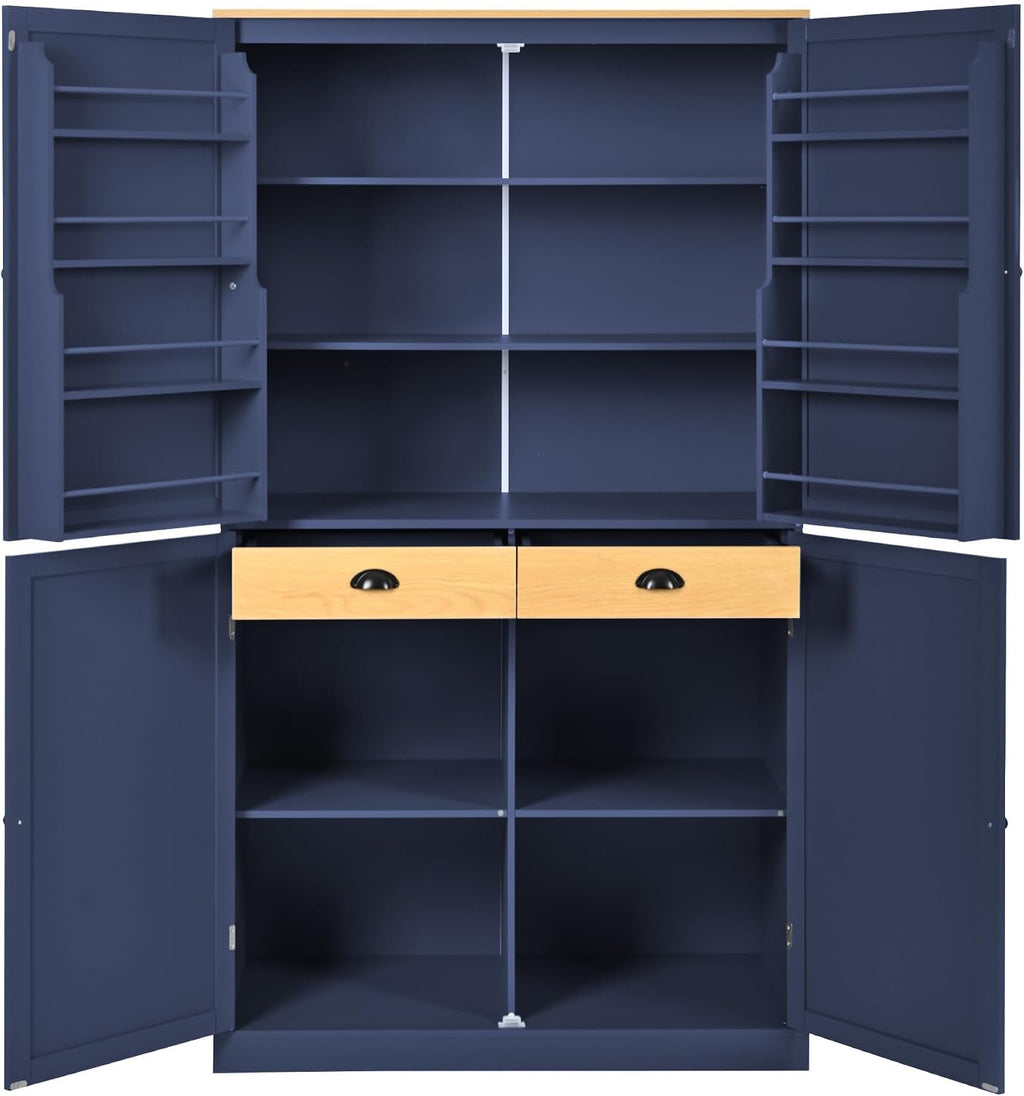 Tall Kitchen Pantry with 2 Drawers, 2 Adjustable Shelves and 8 Door Shelves, Freestanding Large Cupboard Storage Cabinet for Dining Room (Blue)