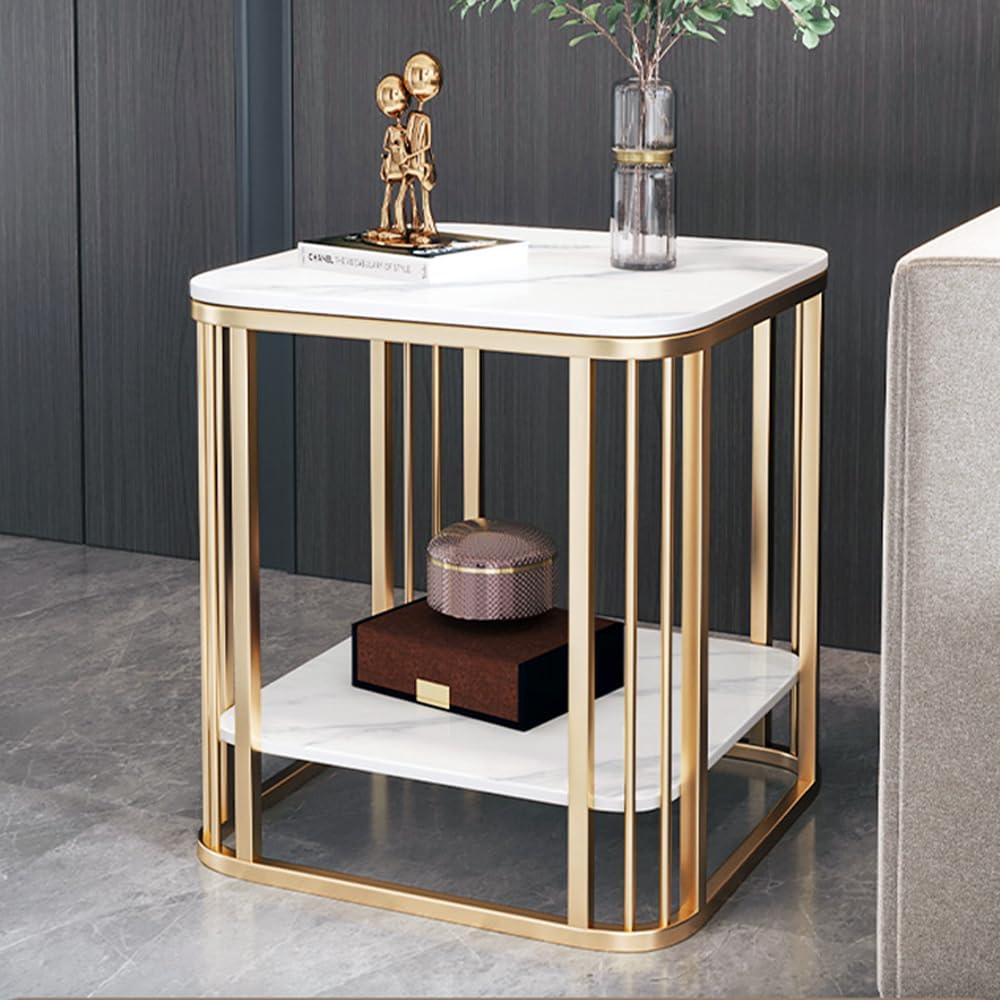 Modern Side Table 2-Tier Coffee end Tables for Living Room, Indoor & Outdoor Accent Tables with Marble Desktop & Metal Bracket, Multifunctional Bedside nightstand for Bedroom Sofa Balcony Patio