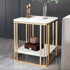 Modern Side Table 2-Tier Coffee end Tables for Living Room, Indoor & Outdoor Accent Tables with Marble Desktop & Metal Bracket, Multifunctional Bedside nightstand for Bedroom Sofa Balcony Patio