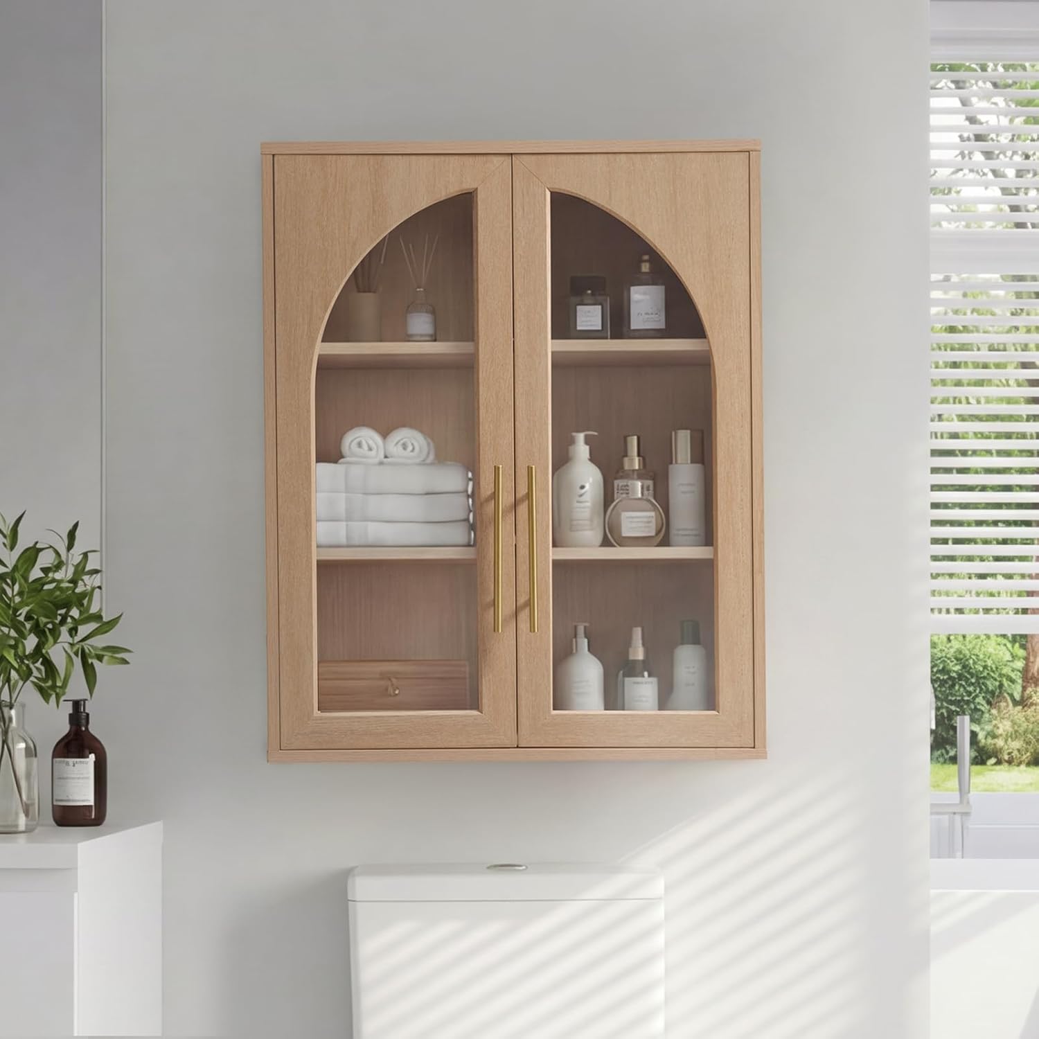 Bathroom Wall Cabinet, 23.5×31.4'' Storage Cabinet, Arched Cabinet Wall Mount with Adjustable Shelf & Glass Doors, Medicine Cabinet for Laundry Room, Bathroom, Kitchen, Living Room,Natural Oak