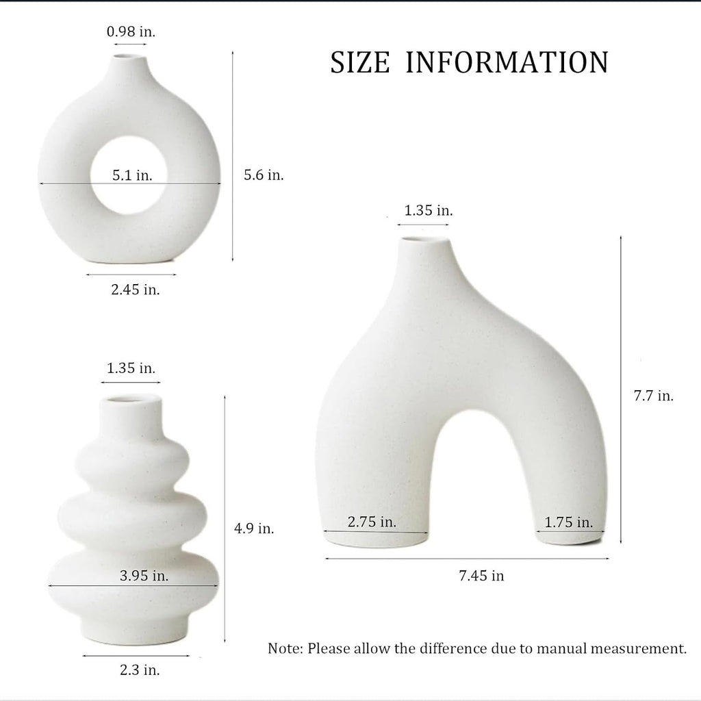 White Ceramic Vases Set of 3, Minimalist Nordic Modern Style, Round Donut Vase for Dried Flowers, Pampas Grass & Fresh Blooms,Boho Home Decor for Table Shelf Living Room Office (White)