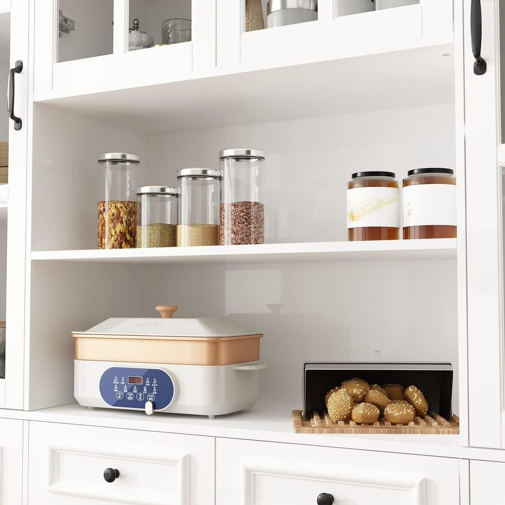 AIEGLE Large Kitchen Pantry Storage Cabinet, Microwave Hutch, Freestanding Cupboard with Glass Doors & Drawers, Utility Cabinet, White, 63"W x 15.7"D x 78.7"H, X-Large