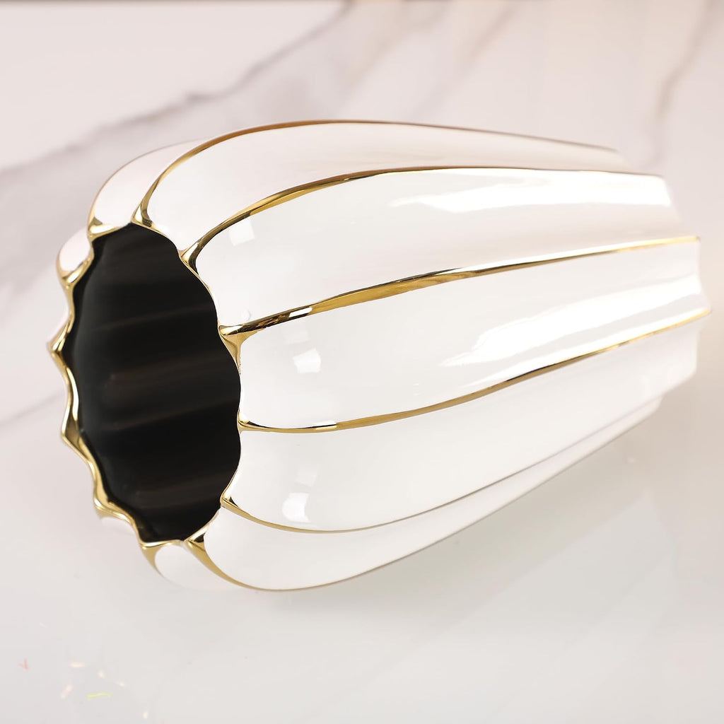 White Gold Ceramic Vase - Small Round Decorative Vase for Table Centerpieces, Wedding Decor, and Home (7.48 Inches Tall)
