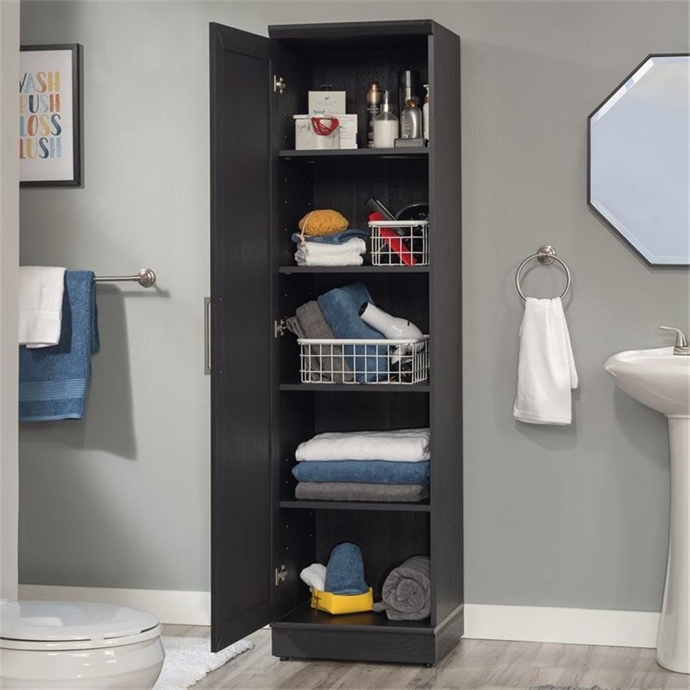 MAKLAINE Engineered Wood Single Door Pantry, 71 in Tall, Raven Oak Finish, Adjustable Shelves, Reversible Door, Compact Design for Kitchen, Dining Room, or Garage Storage