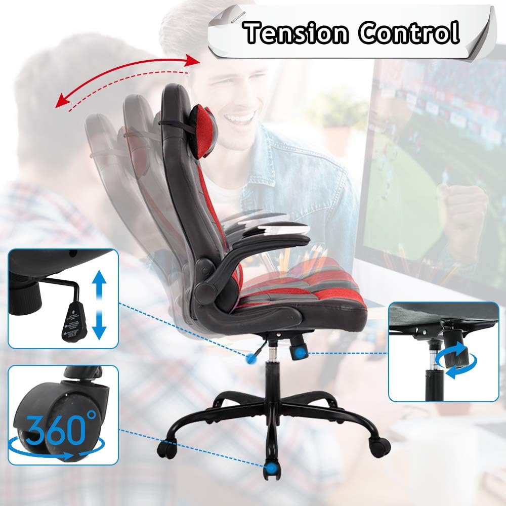 Massage Gaming Chair Ergonomic Office Chair High Back Desk Chair PU Leather Executive Chair with Lumbar Support Headrest Armrest PC Racing Computer Chair Task Rolling Swivel Chair, Red