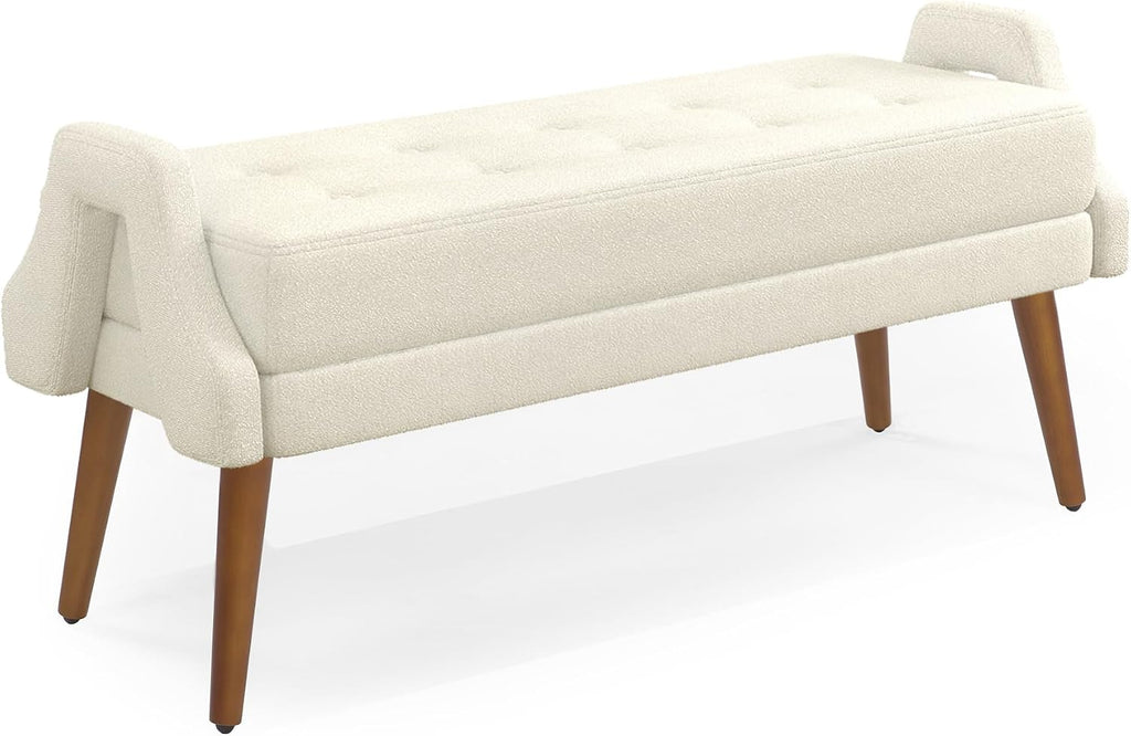 Modern Living Room Bench, Made of Looped Yarn Fabric, with Soft Cushion, Irregular Geometric armrests, and Rubber Wooden Legs, Suitable for Living Rooms, bedrooms, and entrances-Beige RR