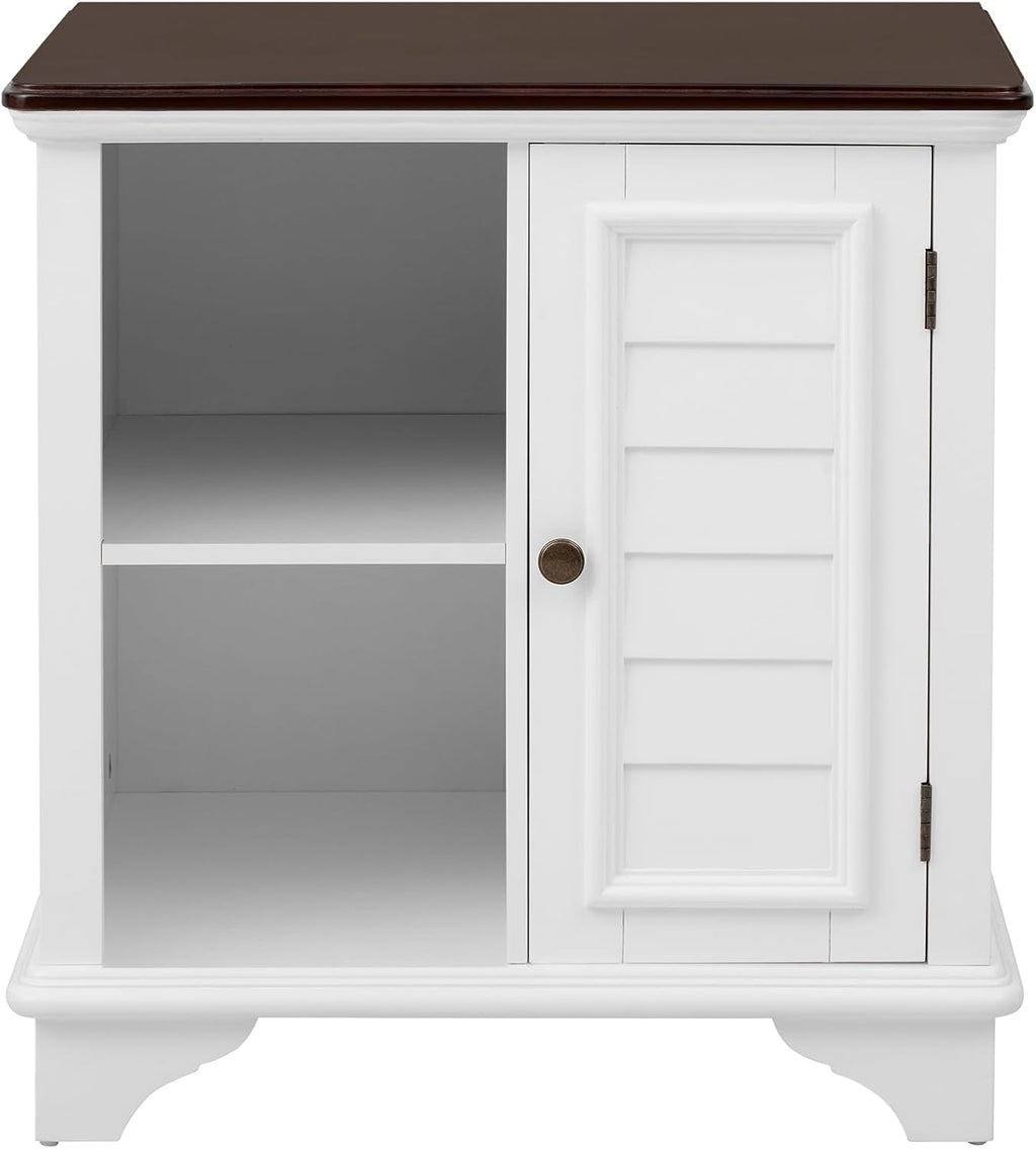 Virubi Farmhouse End Table with Two Handwoven Grass Baskets, American Style Side Table with Shutter Style Storage Cabinet for Living Room (White)