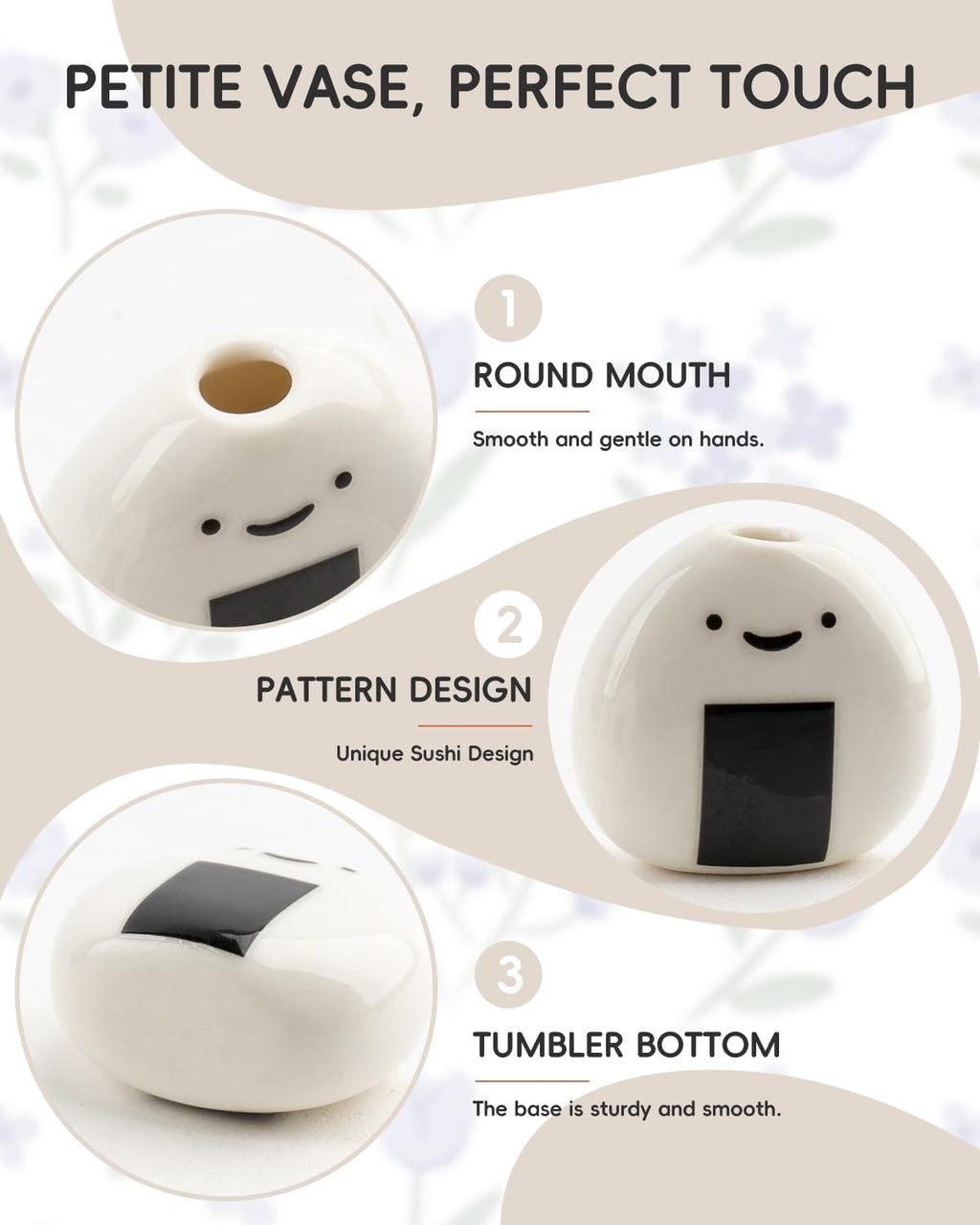 6 PCS Cute Handmade Ceramic Mini Vases - Japanese Onigiri Rice Ball Design for Dried Flowers and Small Stems, Adorable Mini Table Decor, Unique Japanese Craft Gift