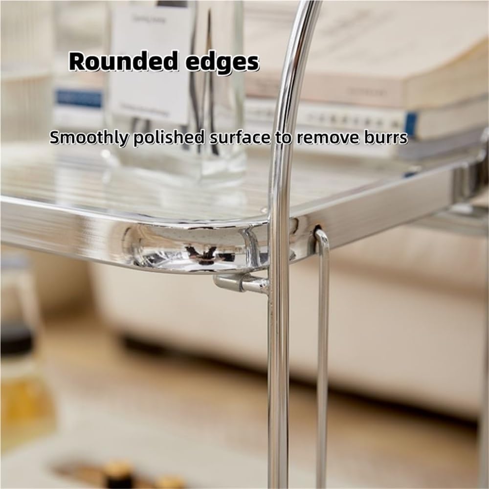 Folding Side Table with Tempered Glass Top, Double Layer Minimalist Rolling Cart, End Table with Wheels, Utility Cart for Dining Room, Living Room and Bedroom