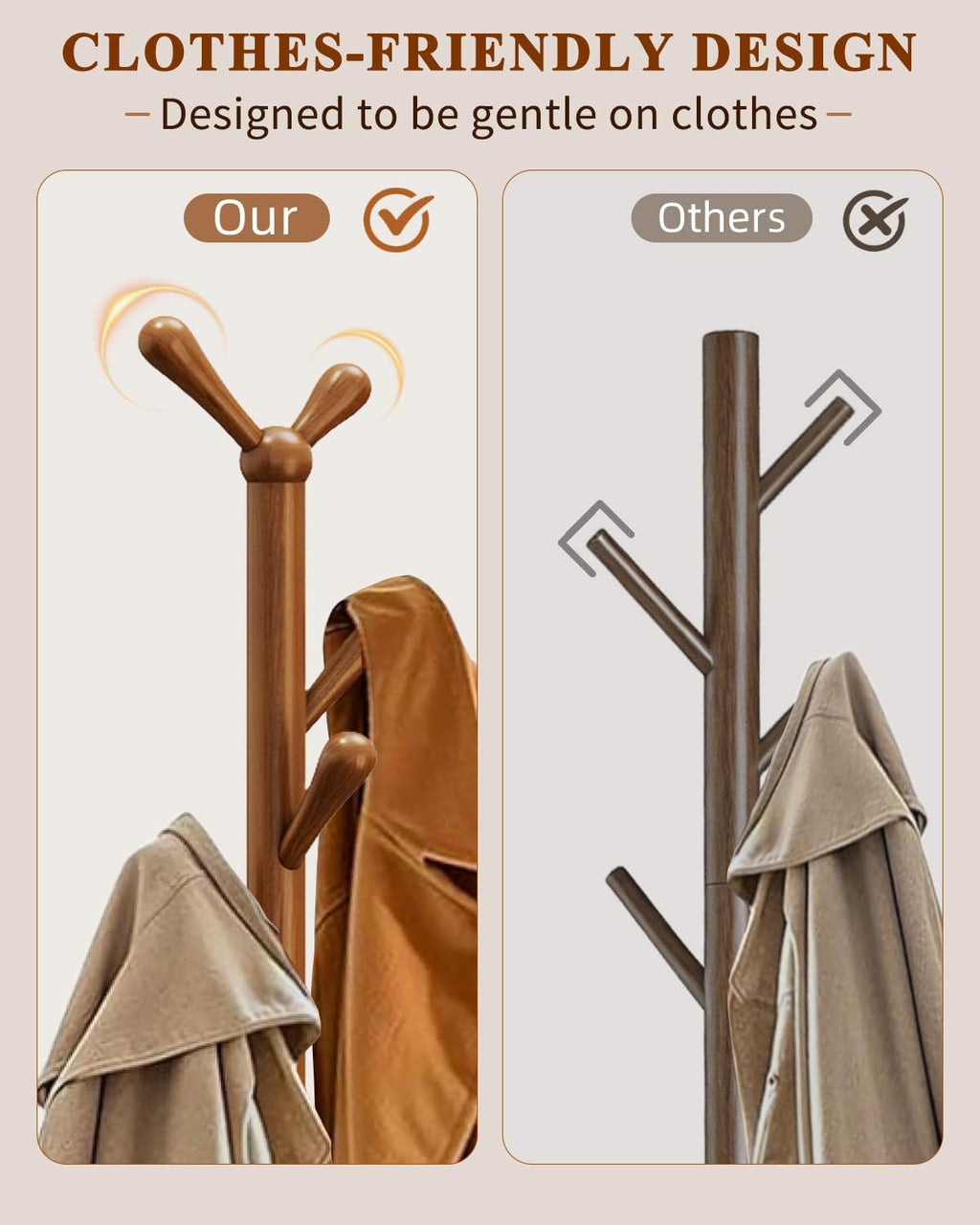 STARSAGA Solid Wood Coat Rack Freestanding Coat Tree with 8 Hooks | Adjustable Height Heavy Duty Coat Rack with Rounded Hooks & Dual-Layer Base, Holds Coats Hats Bags for Entryway, Bedroom