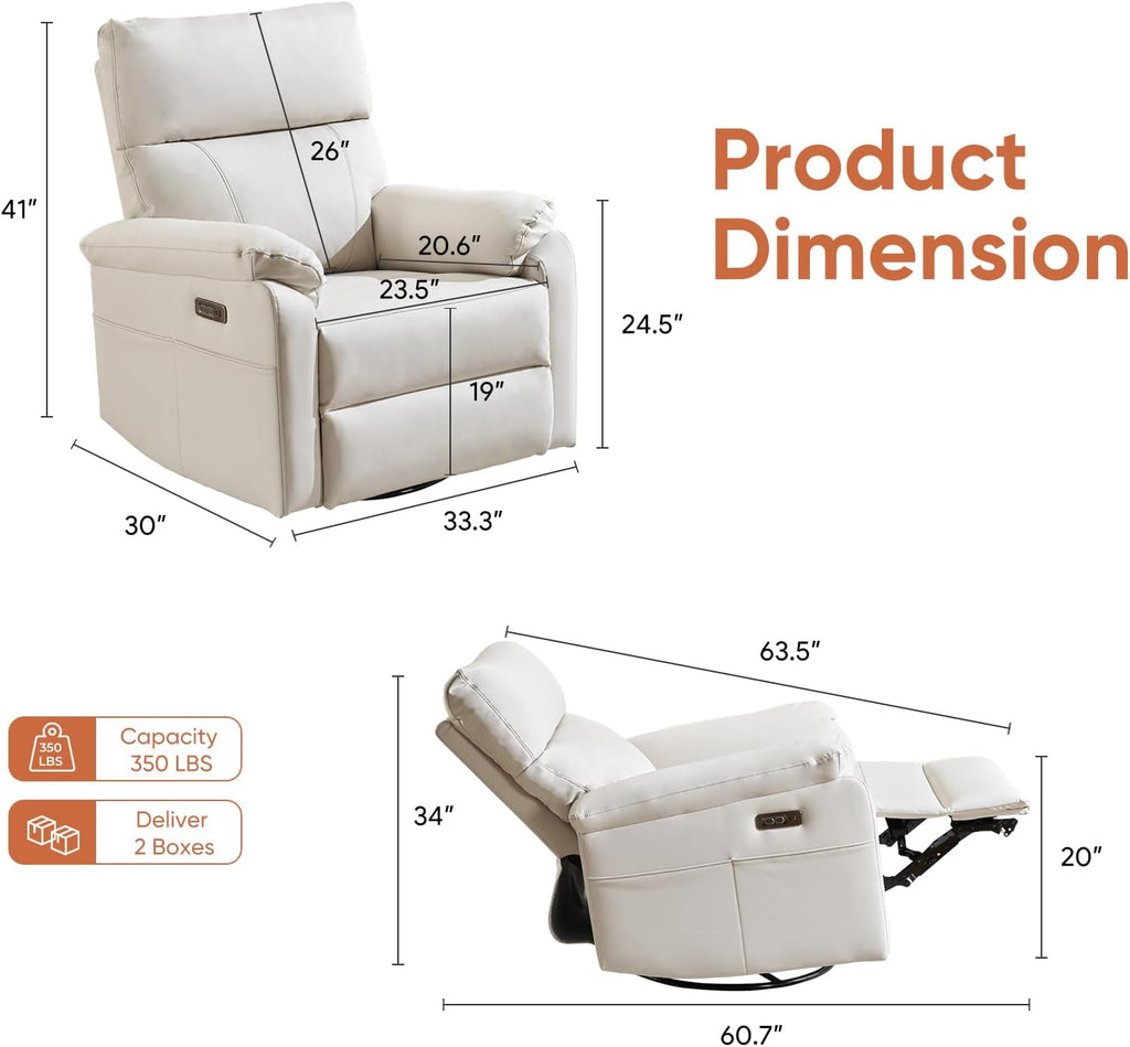 Power Rocking Chair Nursery with Adjustable Lumbar Support,Swivel Rocker Recliner with Overstuffed Armrests, Nursery Glider Recliner for Bedroom & Livingroom, USB & Type-C, Faux Leather Beige