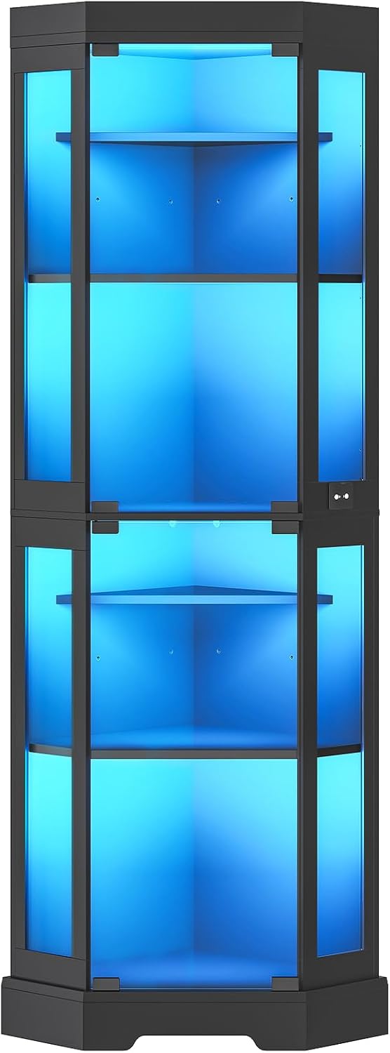 HOOBRO Corner Display Cabinet with Glass Doors，67.9" Glass Display Cabinet with LED Lights, 6-Tier Curio Cabinets for Collectibles, Books, Modern Display Case Corner Bookcase, Black BK02DDC01