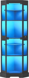 HOOBRO Corner Display Cabinet with Glass Doors，67.9" Glass Display Cabinet with LED Lights, 6-Tier Curio Cabinets for Collectibles, Books, Modern Display Case Corner Bookcase, Black BK02DDC01
