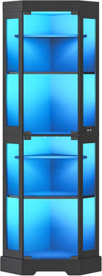 HOOBRO Corner Display Cabinet with Glass Doors，67.9" Glass Display Cabinet with LED Lights, 6-Tier Curio Cabinets for Collectibles, Books, Modern Display Case Corner Bookcase, Black BK02DDC01