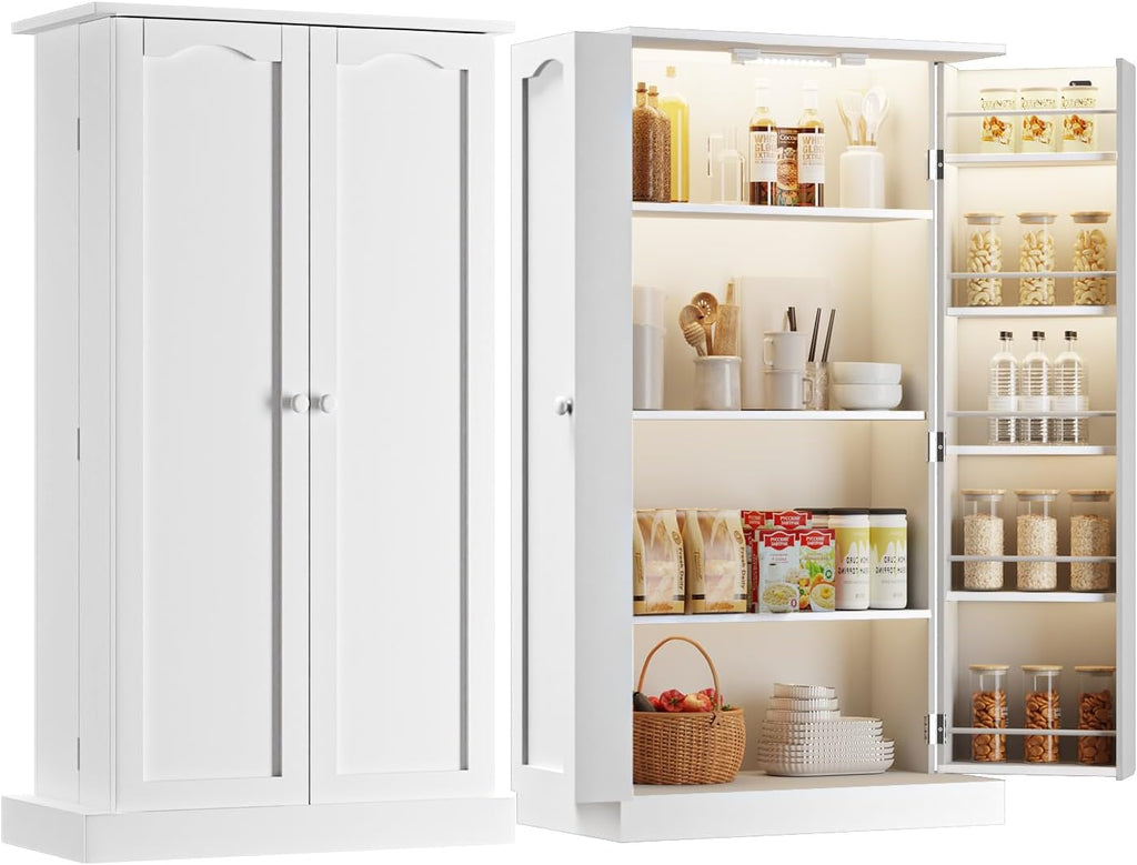 FJTJBSI 50" LED Kitchen Pantry Cabinet with 3 Adjustable Shelves and 2 Doors Wood Pantry Storage Cabinet with Handle for Kitchen Living Room and Dinning Room White